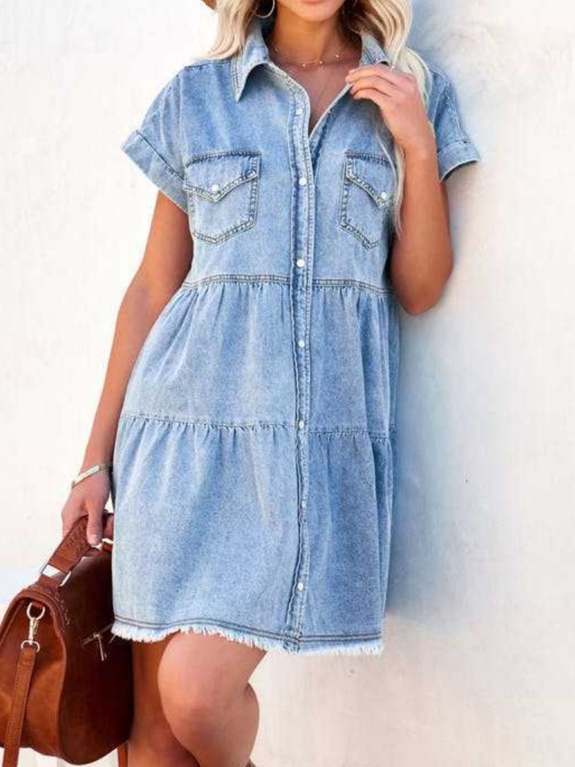 Raw Hem Short Sleeve Denim Dress-TOPS / DRESSES-[Adult]-[Female]-2022 Online Blue Zone Planet