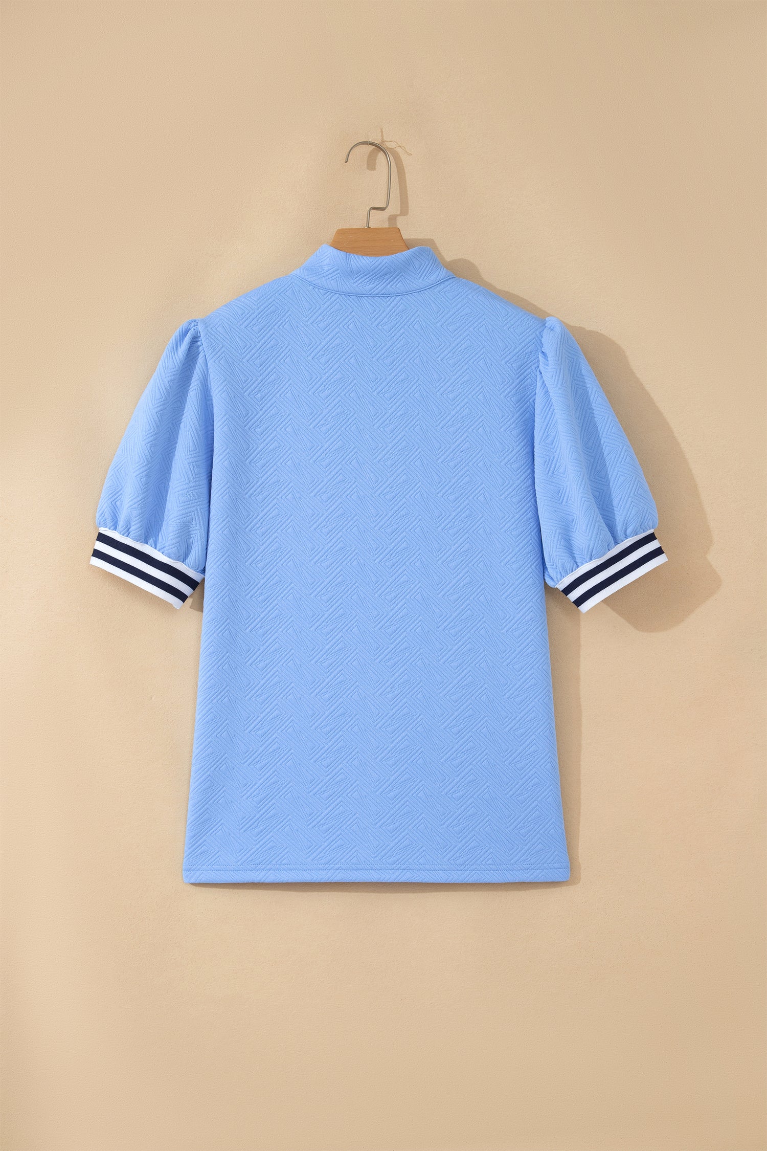 Myosotis Stylish Textured Stripe Trim Split Neck Puff Sleeve Top-Tops/Tops & Tees-[Adult]-[Female]-2022 Online Blue Zone Planet
