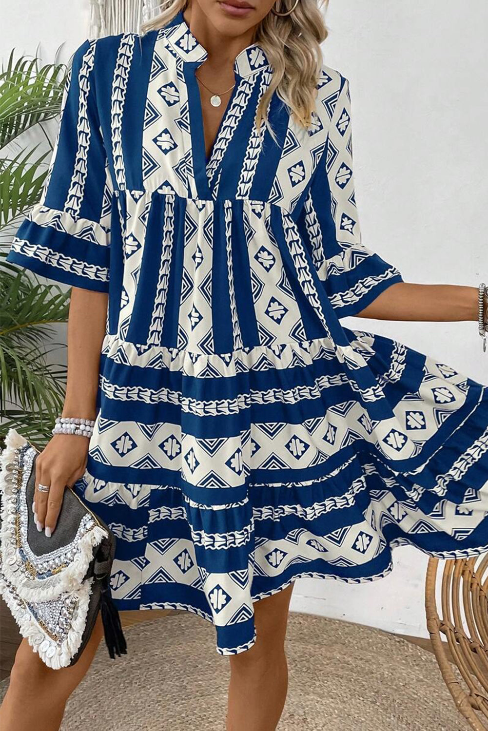 Blue Geometric Print V Neck Ruffled Dress-Dresses/Mini Dresses-[Adult]-[Female]-2022 Online Blue Zone Planet