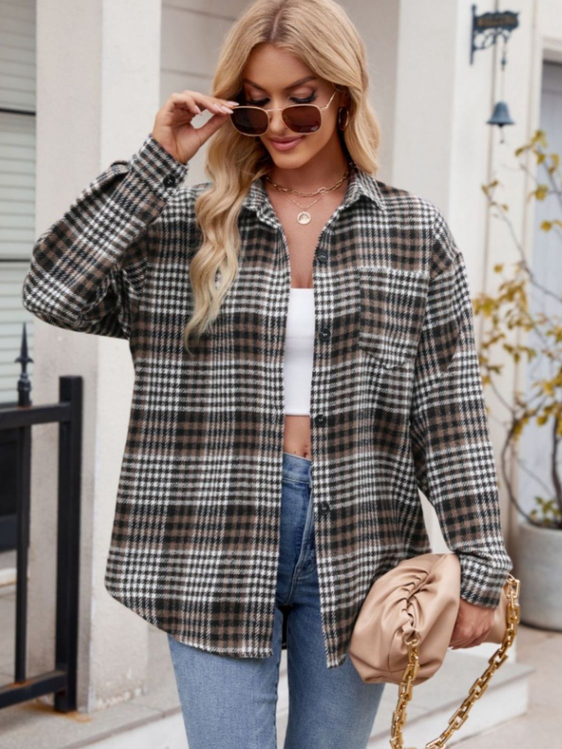 Mandy Pocketed Plaid Collared Neck Long Sleeve Shirt-TOPS / DRESSES-[Adult]-[Female]-2022 Online Blue Zone Planet