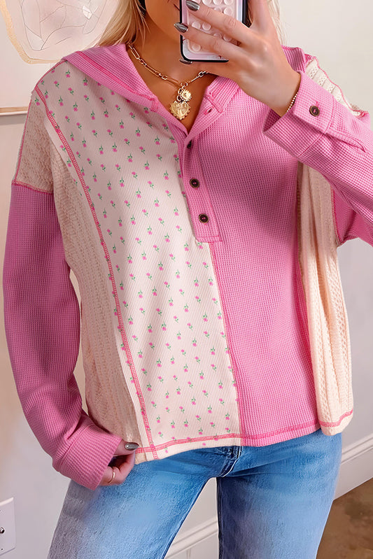 Pink Mixed Texture Waffle Floral Patchwork Hooded Oversize Pullover-Tops/Sweatshirts & Hoodies-[Adult]-[Female]-Pink-S-2022 Online Blue Zone Planet