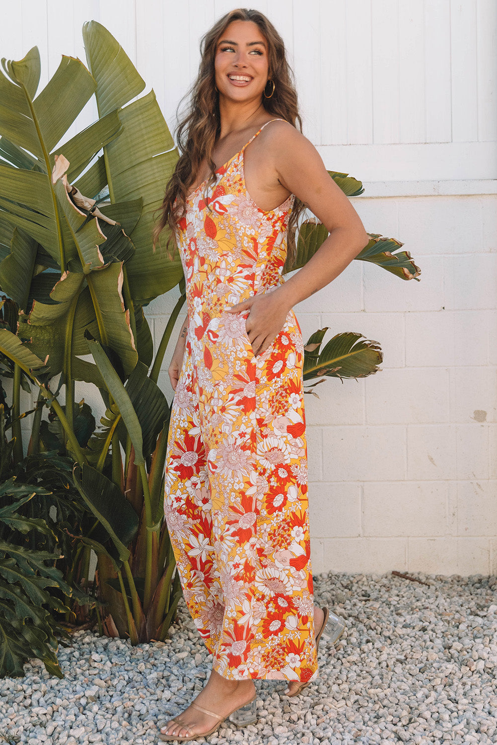 Orange Floral V Neck Wide Leg Sleeveless Jumpsuit-Bottoms/Jumpsuits & Rompers-[Adult]-[Female]-2022 Online Blue Zone Planet