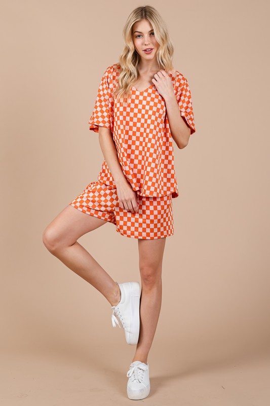 Ces Femme Checkered Round Neck Top and Shorts Set-TOPS / DRESSES-[Adult]-[Female]-2022 Online Blue Zone Planet