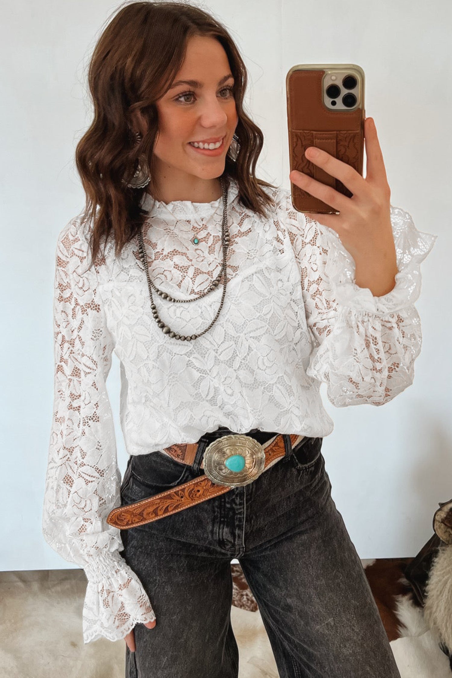 White Ruffled Round Neck Long Flounce Sleeve Sheer Lace Blouse-Tops/Blouses & Shirts-[Adult]-[Female]-2022 Online Blue Zone Planet