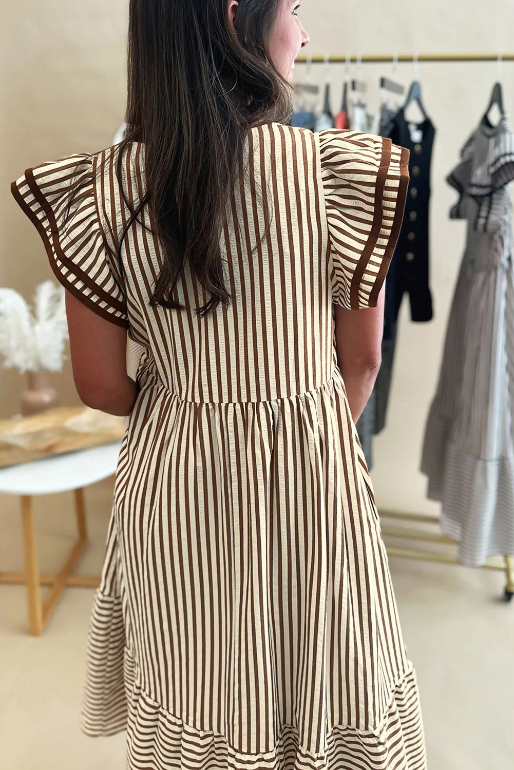 Brown Stripe Double Ruffled Short Sleeve Contrast Trim V Neck Midi Dress-TOPS / DRESSES-[Adult]-[Female]-2022 Online Blue Zone Planet