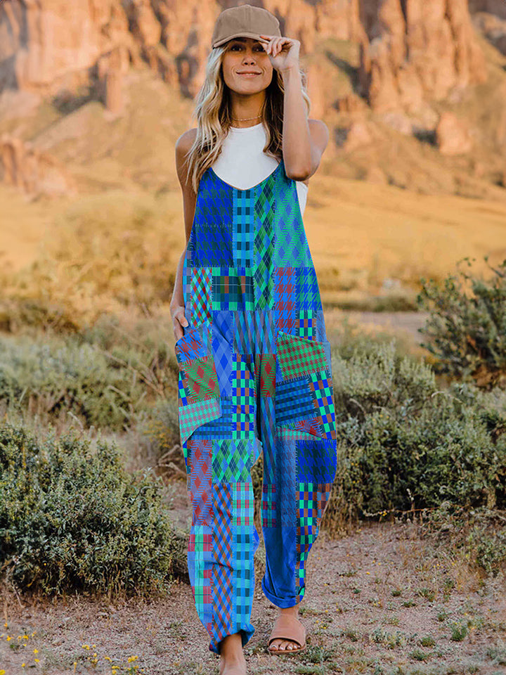 Full Size Printed V-Neck Sleeveless Jumpsuit-TOPS / DRESSES-[Adult]-[Female]-Blue-S-2022 Online Blue Zone Planet