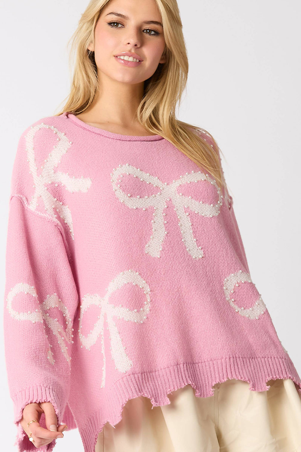 Pink Pearl Beaded Bowknot Pattern Distressed Split Hem Sweater-Sweaters & Cardigans/Sweaters-[Adult]-[Female]-2022 Online Blue Zone Planet