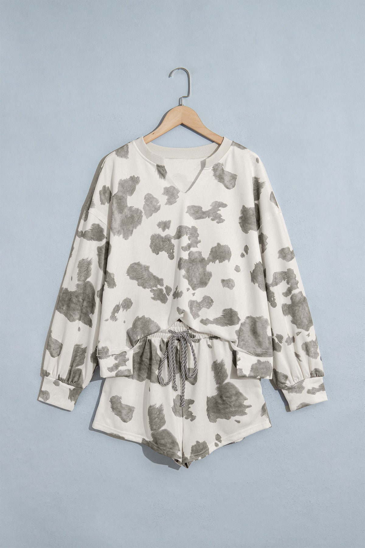 Gray Western Print Raw Hem Long Sleeve Top Drawstring Shorts Set-Two Piece Sets/Short Sets-[Adult]-[Female]-2022 Online Blue Zone Planet