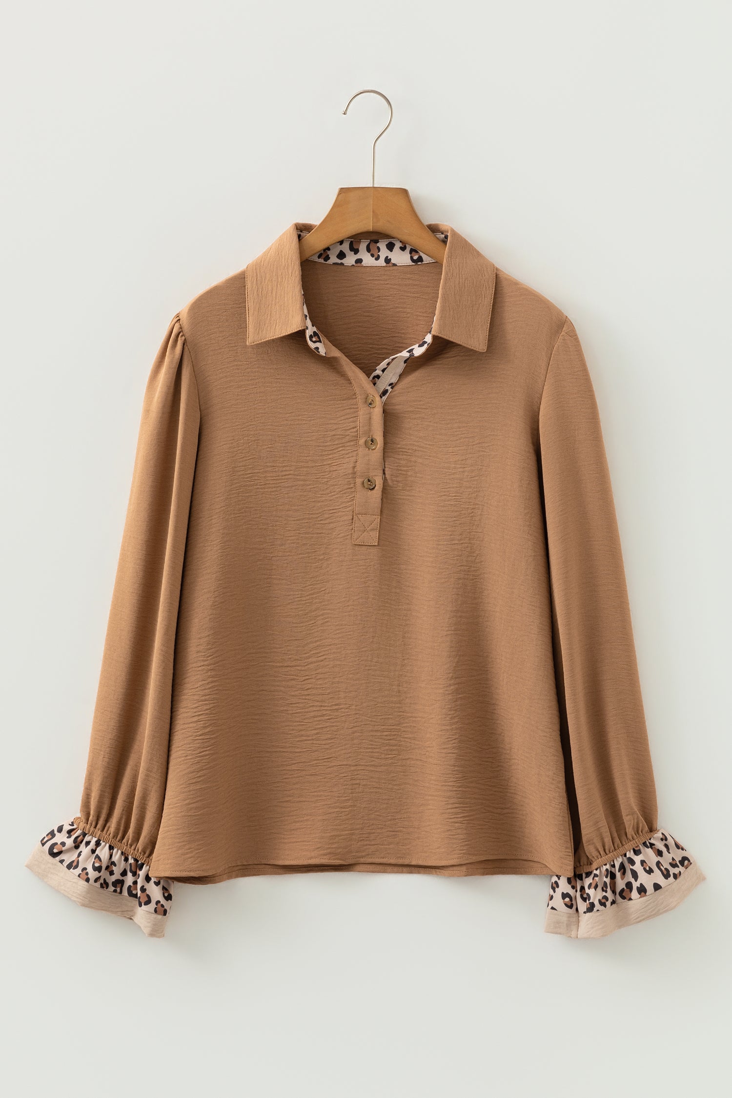 Camel Contrast Leopard Print Patchwork Polo Collar Buttons Front Ruffled Long Sleeve Blouse-Tops/Blouses & Shirts-[Adult]-[Female]-2022 Online Blue Zone Planet