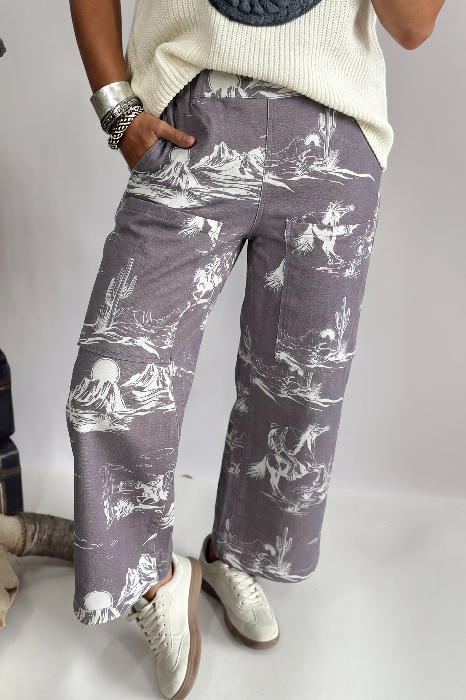 Gray Wild West Riding Vintage Printed Shift Jeans-Bottoms/Jeans-[Adult]-[Female]-Gray-4-2022 Online Blue Zone Planet