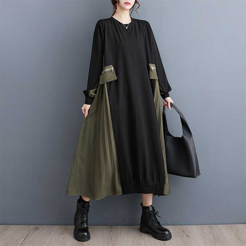 Laura's Elegant Long Sleeve Pleated Maxi Dress-TOPS / DRESSES-[Adult]-[Female]-Black with green-One Size-2022 Online Blue Zone Planet