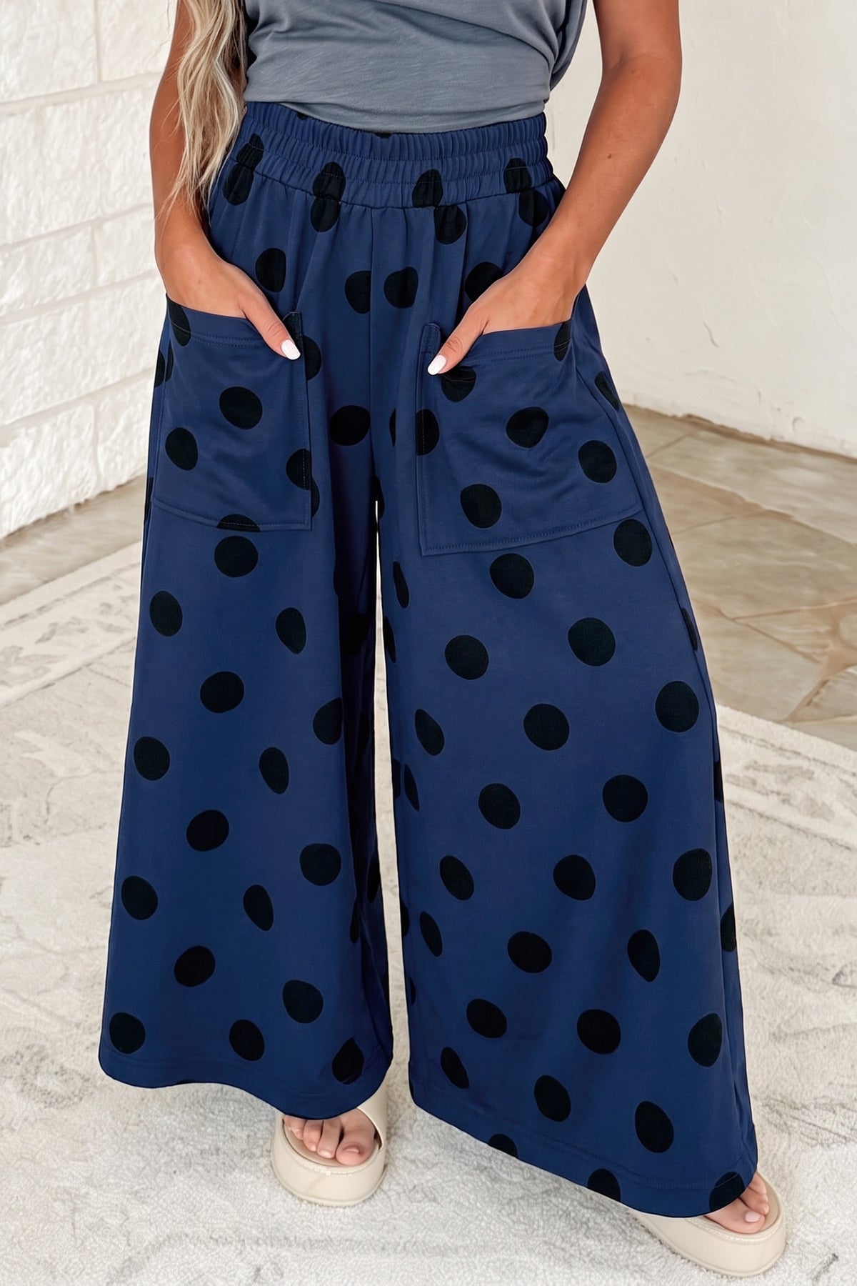 Sail Blue Polka Dot Wide Leg Elastic Waist Casual Pants-Bottoms/Pants & Culotte-[Adult]-[Female]-Sail Blue-S-2022 Online Blue Zone Planet