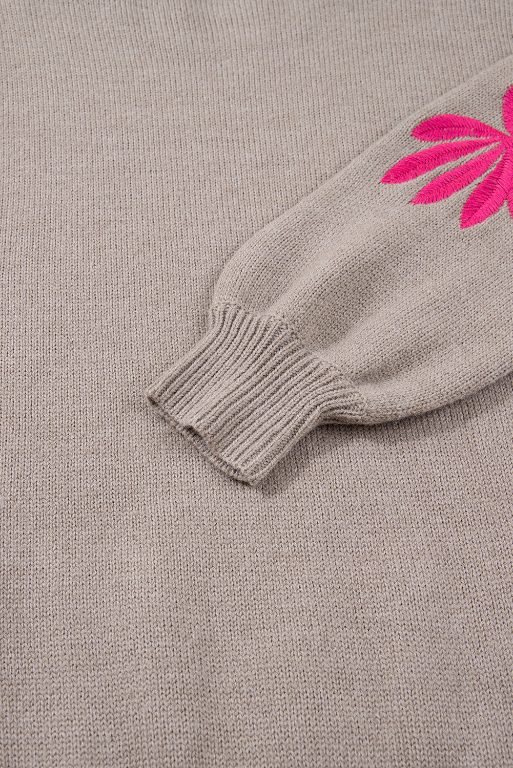 Beige Embroidered Floral Sleeve Round Neck Loose Sweater-TOPS / DRESSES-[Adult]-[Female]-2022 Online Blue Zone Planet