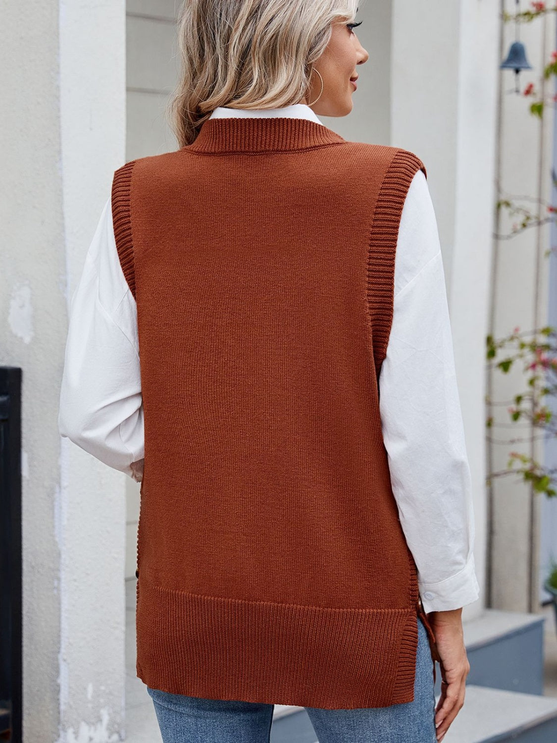 Buttoned Round Neck Sweater Vest-TOPS / DRESSES-[Adult]-[Female]-2022 Online Blue Zone Planet