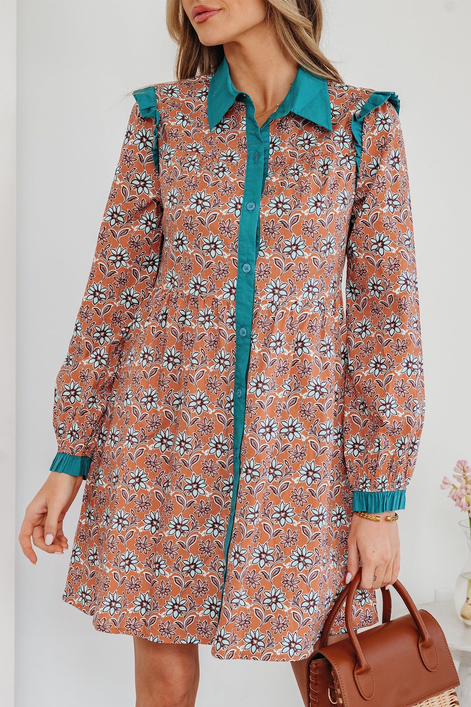 Orange Boho Floral Contrast Collared Shirt Mini Dress-TOPS / DRESSES-[Adult]-[Female]-2022 Online Blue Zone Planet