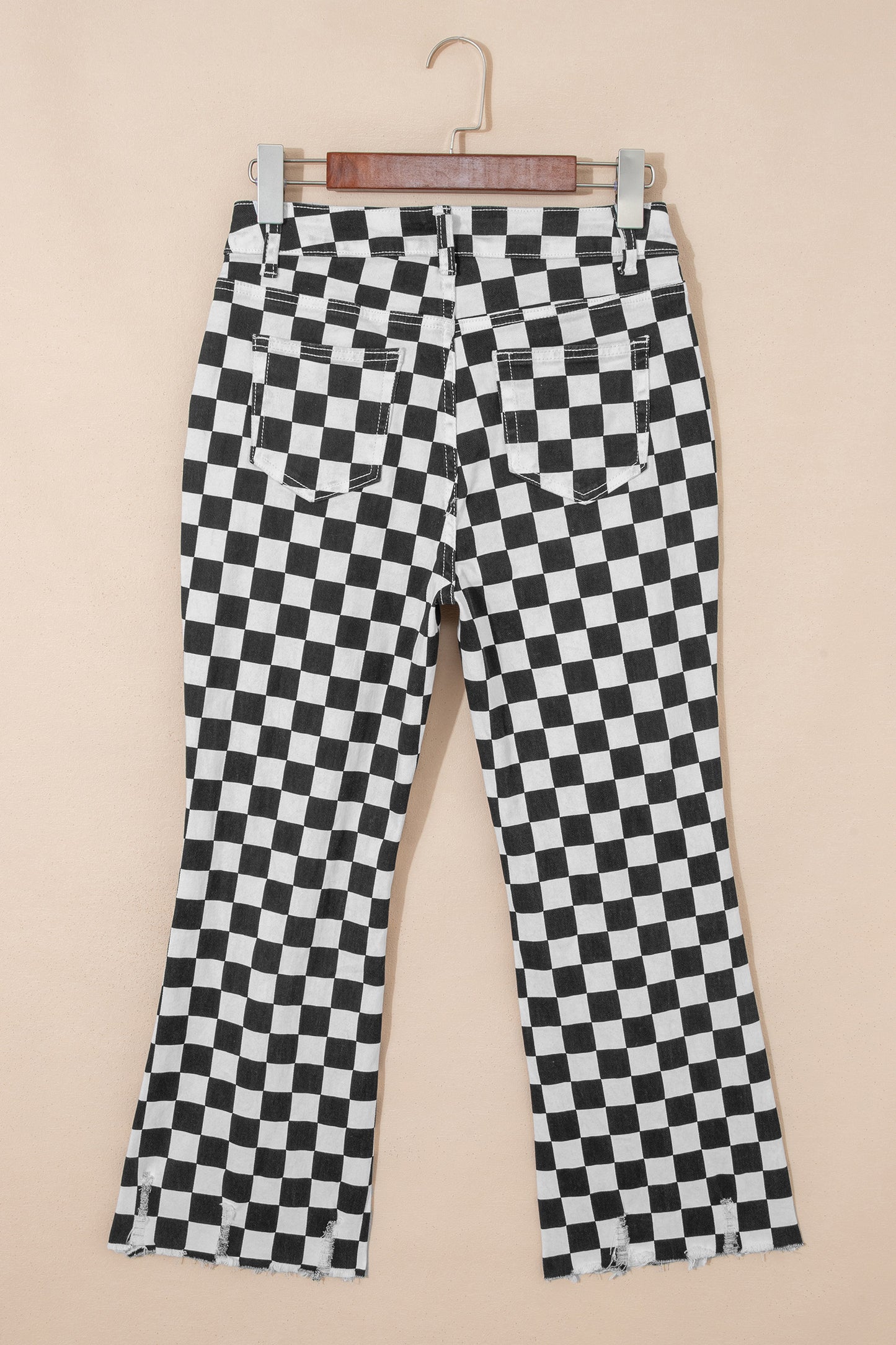 Black Checkerboard Print Distressed Holes Raw Edge Cropped Jeans-Bottoms/Jeans-[Adult]-[Female]-2022 Online Blue Zone Planet