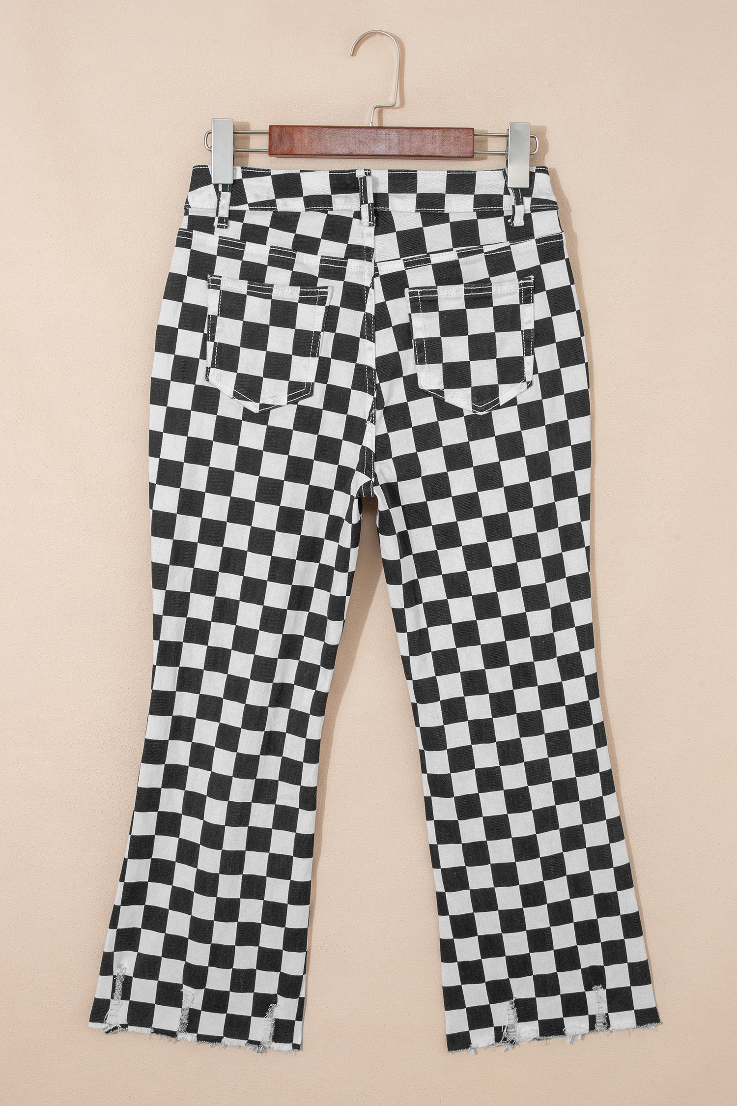 Black Checkerboard Print Distressed Holes Raw Edge Cropped Jeans-Bottoms/Jeans-[Adult]-[Female]-2022 Online Blue Zone Planet