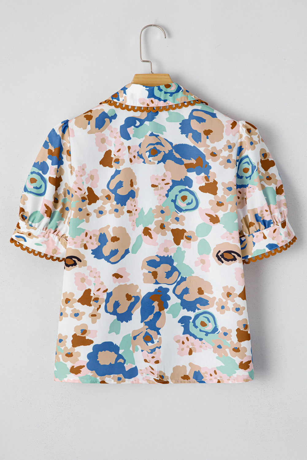 Multicolour Floral Print Ricrac Trim Collared Puff Short Sleeve Shirt-Tops/Blouses & Shirts-[Adult]-[Female]-2022 Online Blue Zone Planet