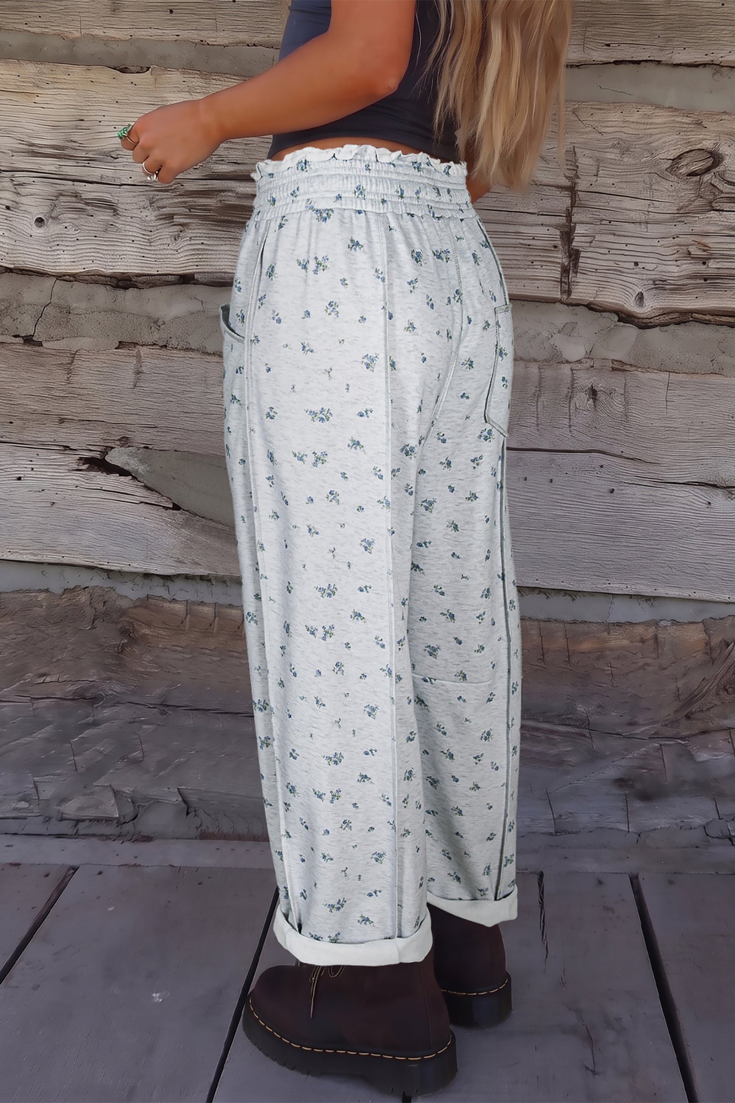 Gray Floral Print Elastic Waist Regular Fit Pants-Bottoms/Pants & Culotte-[Adult]-[Female]-2022 Online Blue Zone Planet