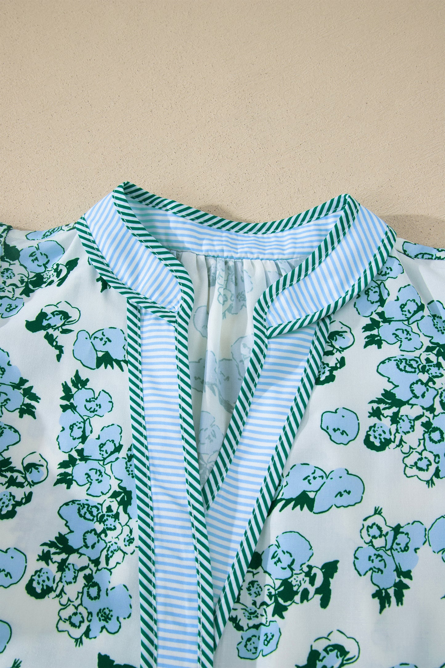 Green Floral Meets Stripes V Neck Flutter Sleeve Blouse-Tops/Blouses & Shirts-[Adult]-[Female]-2022 Online Blue Zone Planet