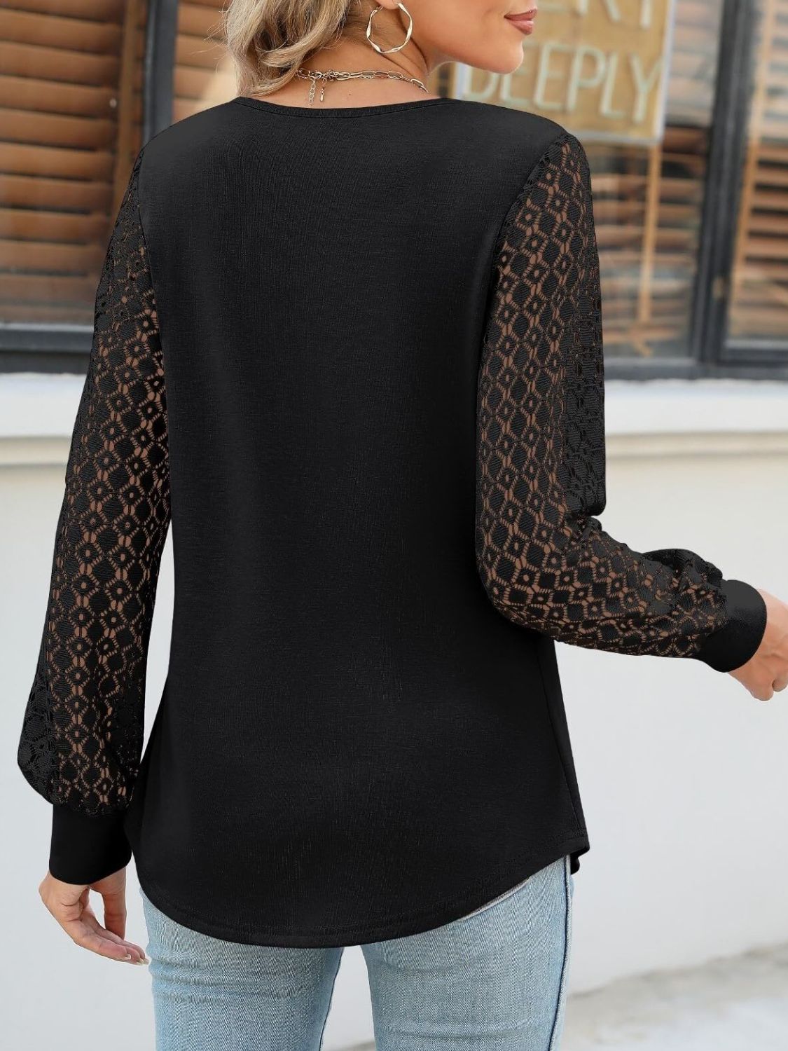 Cutout Round Neck Lace Long Sleeve Blouse-TOPS / DRESSES-[Adult]-[Female]-2022 Online Blue Zone Planet