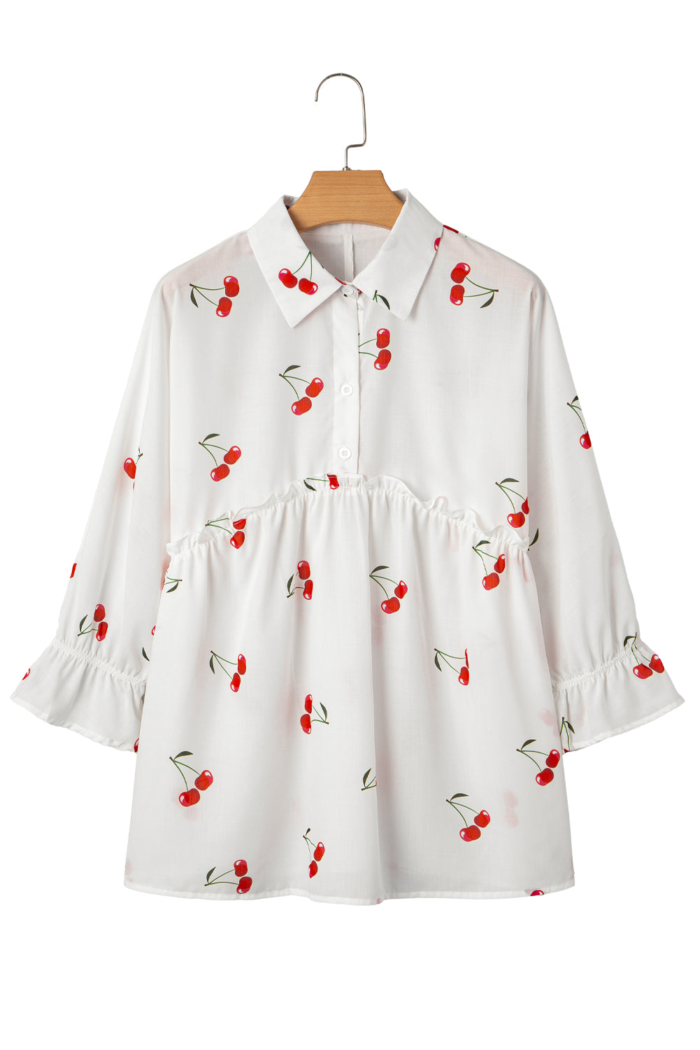 White Cherry Print Flounce Sleeve Collared Frilled Babydoll Blouse-Tops/Blouses & Shirts-[Adult]-[Female]-2022 Online Blue Zone Planet