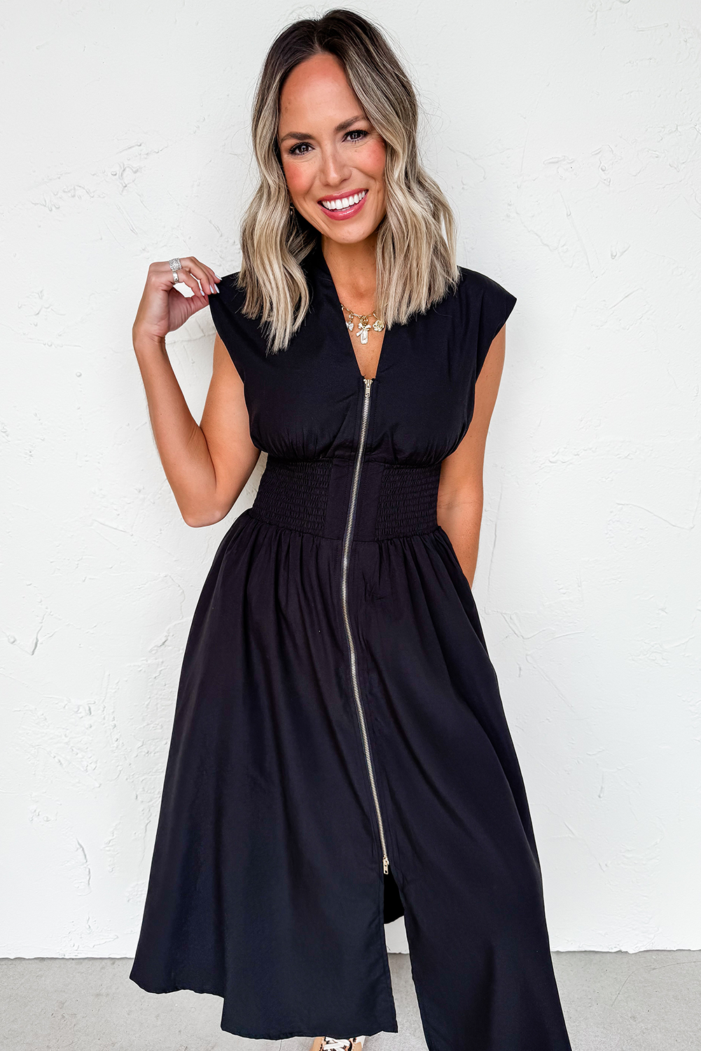 Black Sleeveless Zipped Front V Neck Shirred Waist Maxi Dress-TOPS / DRESSES-[Adult]-[Female]-2022 Online Blue Zone Planet