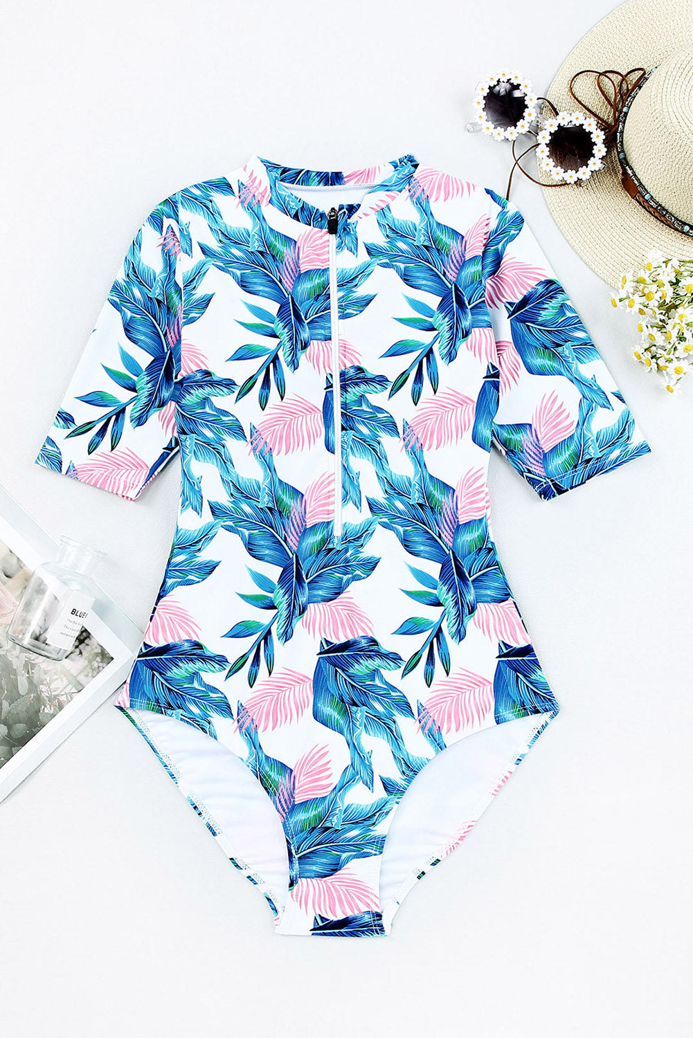 Blue Plant Print Zip Front Half Sleeve One Piece Swimsuit-One-Piece-[Adult]-[Female]-2022 Online Blue Zone Planet