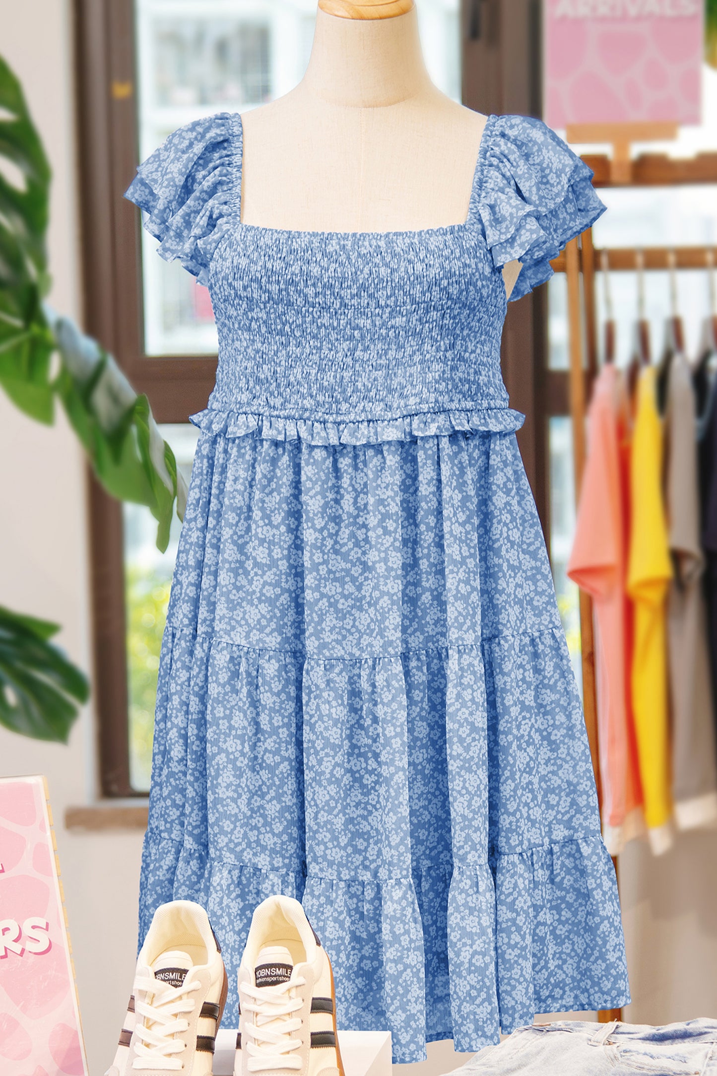 Sky Blue Floral Print Square Neck Flutter Sleeve Smocked Tiered Mini Dress-TOPS / DRESSES-[Adult]-[Female]-2022 Online Blue Zone Planet