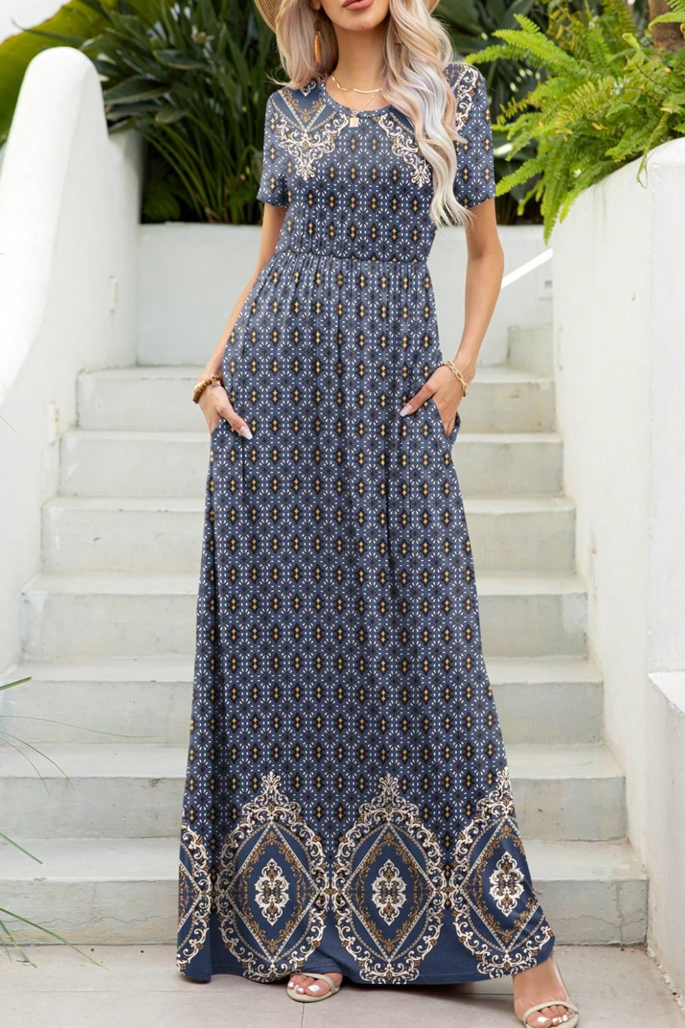 Printed Round Neck Short Sleeve Maxi Dress-TOPS / DRESSES-[Adult]-[Female]-2022 Online Blue Zone Planet