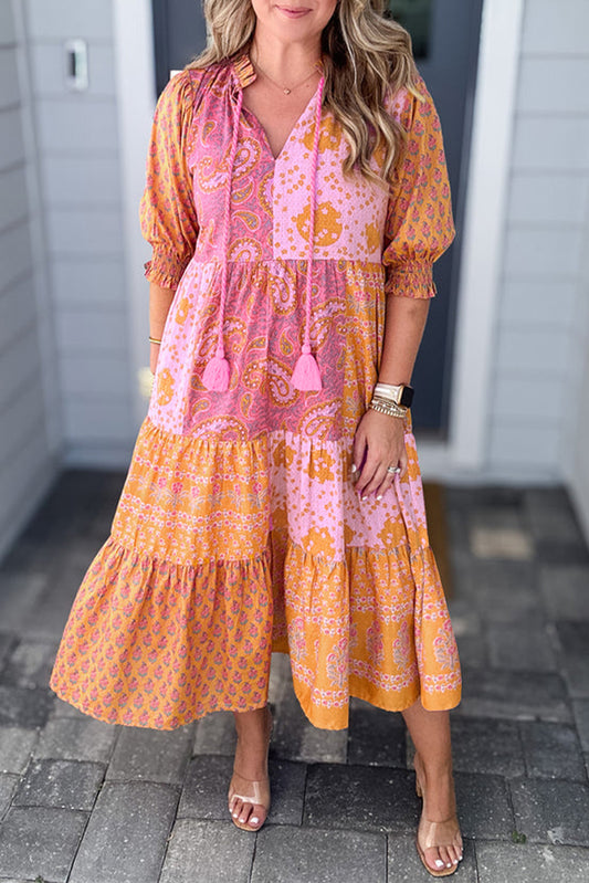 Pink Boho Paisley Floral Mixed Patchwork Tassel Tie Plus Size Midi Dress-Plus Size/Plus Size Dresses/Plus Size Maxi Dresses-[Adult]-[Female]-2022 Online Blue Zone Planet