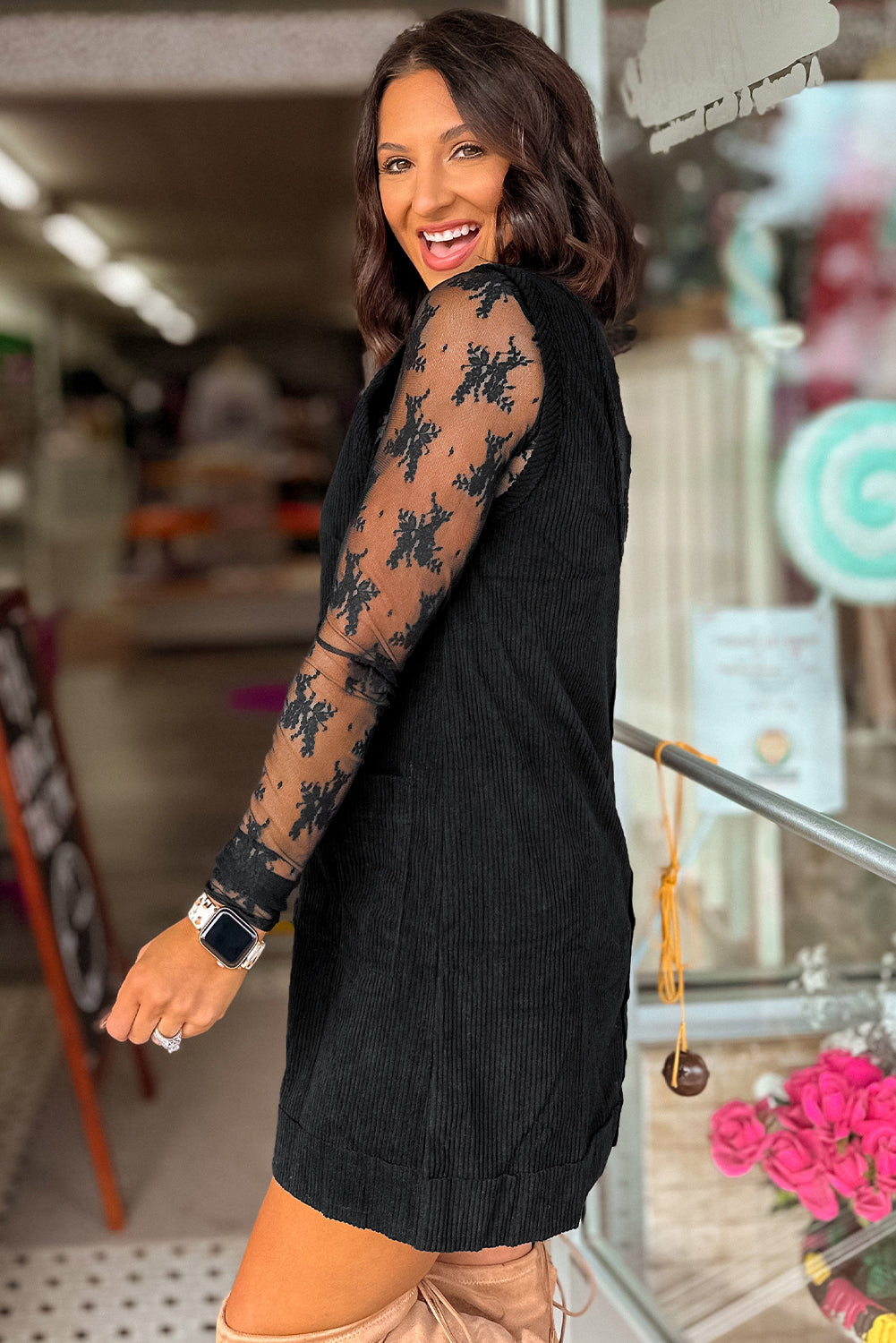 Black Corduroy Sleeveless Mini Dress With Patched Pockets-TOPS / DRESSES-[Adult]-[Female]-2022 Online Blue Zone Planet