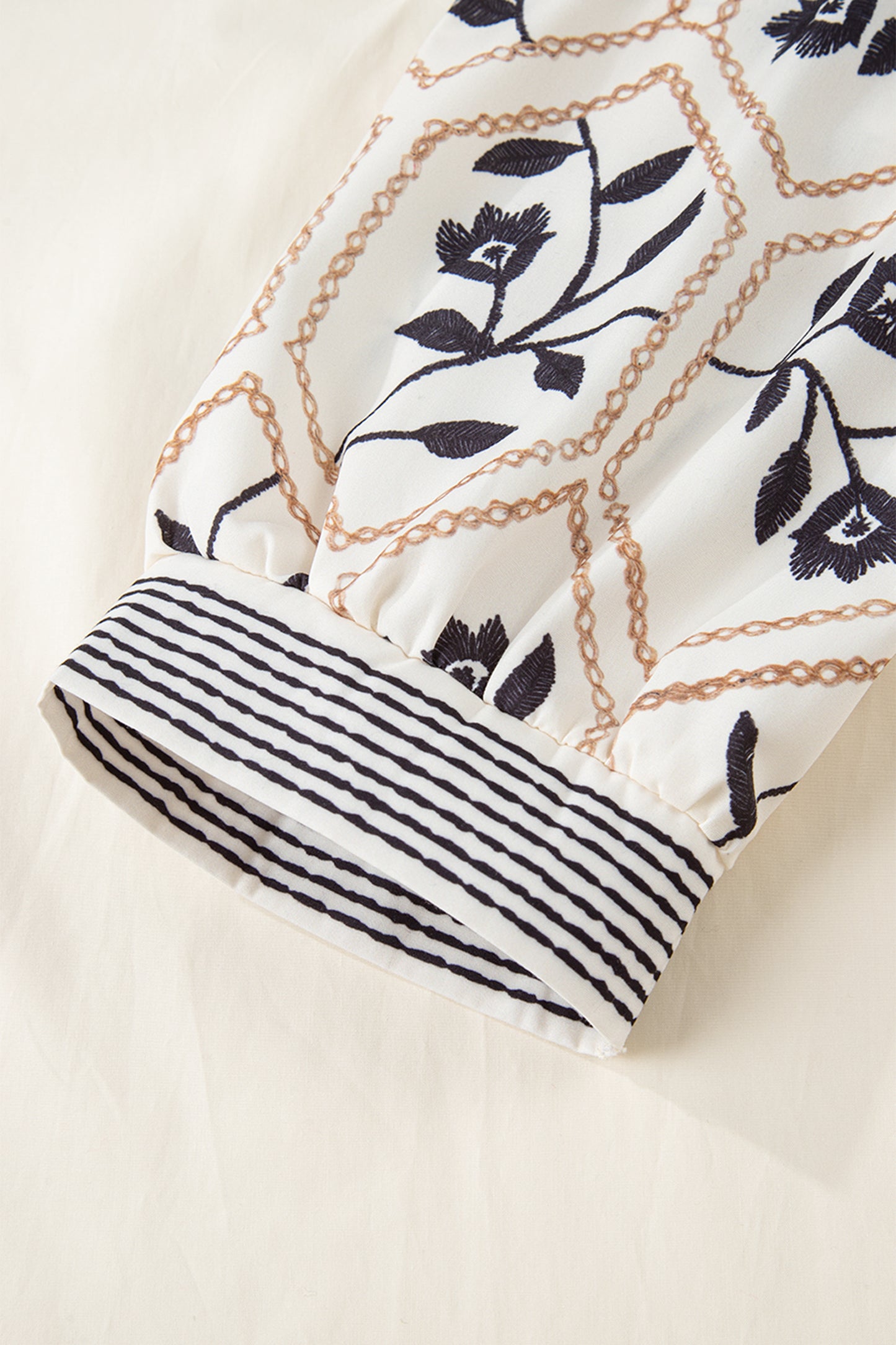 White Floral Puff Sleeve Contrast V Neck Patchwork Blouse-Tops/Blouses & Shirts-[Adult]-[Female]-2022 Online Blue Zone Planet