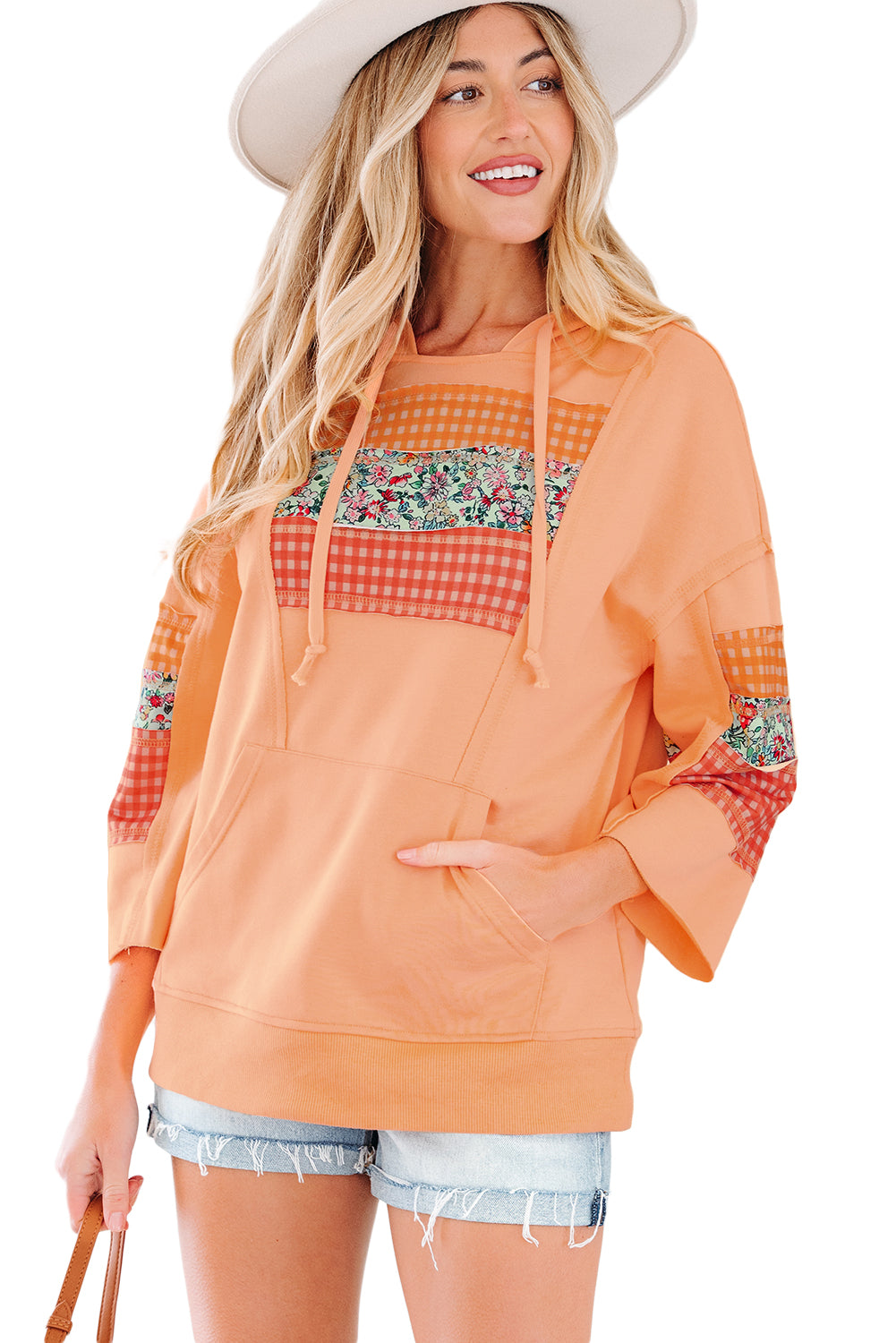 Grapefruit Orange Plaid Floral Patchwork Kangaroo Pocket Hooded Long Sleeve Top-Tops / Dresses-[Adult]-[Female]-2022 Online Blue Zone Planet
