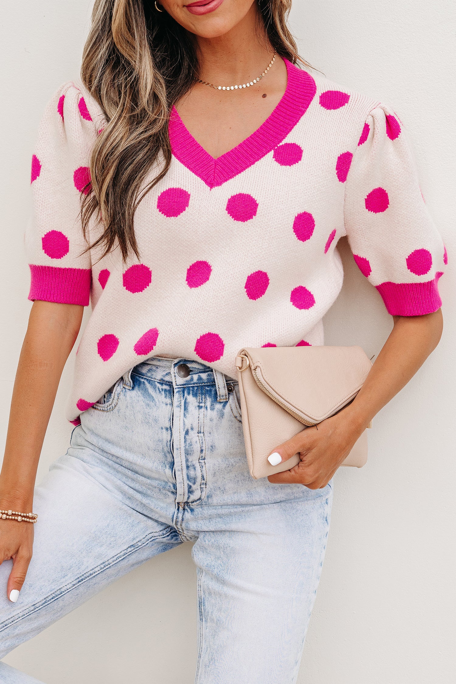 Rose Red Polka Dot Puff Short Sleeve Sweater Top-Sweaters & Cardigans/Short Sleeve Sweaters-[Adult]-[Female]-2022 Online Blue Zone Planet