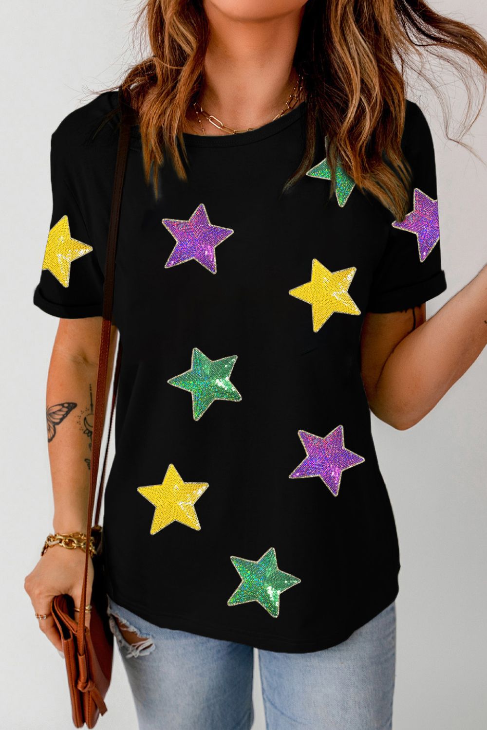 Sequin Stars Patched Round Neck T-Shirt-TOPS / DRESSES-[Adult]-[Female]-2022 Online Blue Zone Planet