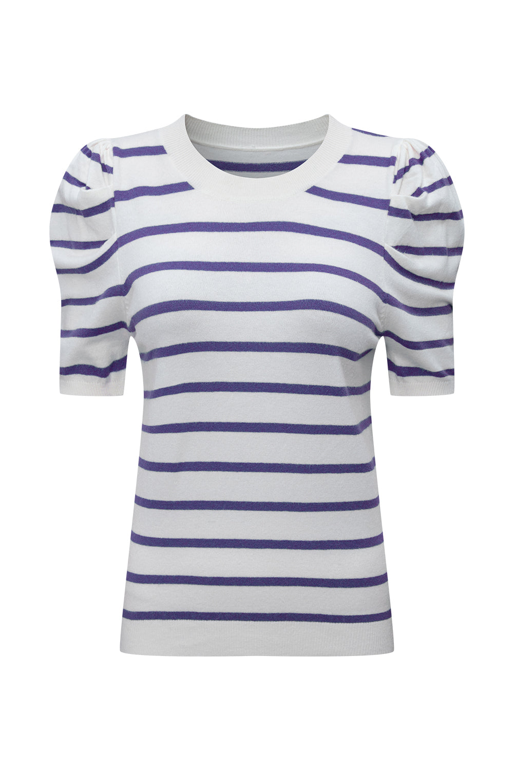Black Stripe Ribbed Trim Round Neck Bubble Sleeve Knitted Top-Sweaters & Cardigans/Short Sleeve Sweaters-[Adult]-[Female]-2022 Online Blue Zone Planet