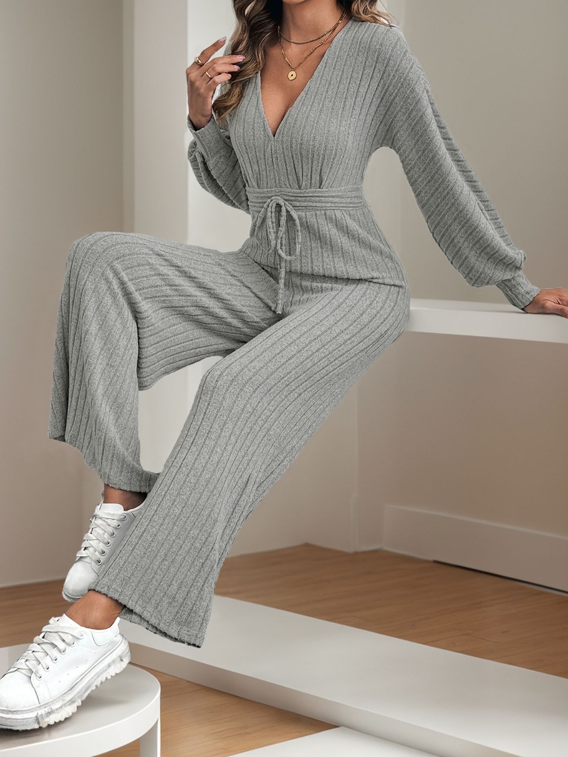 V-Neck Long Sleeve Wide Leg Jumpsuit-TOPS / DRESSES-[Adult]-[Female]-2022 Online Blue Zone Planet