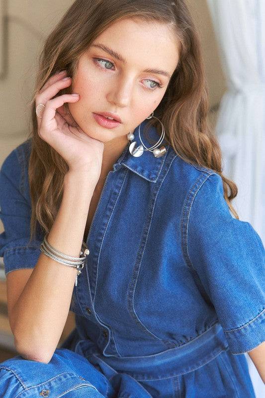 ADORA Tiered Button Down Tie Waist Short Sleeve Denim Dress-TOPS / DRESSES-[Adult]-[Female]-2022 Online Blue Zone Planet