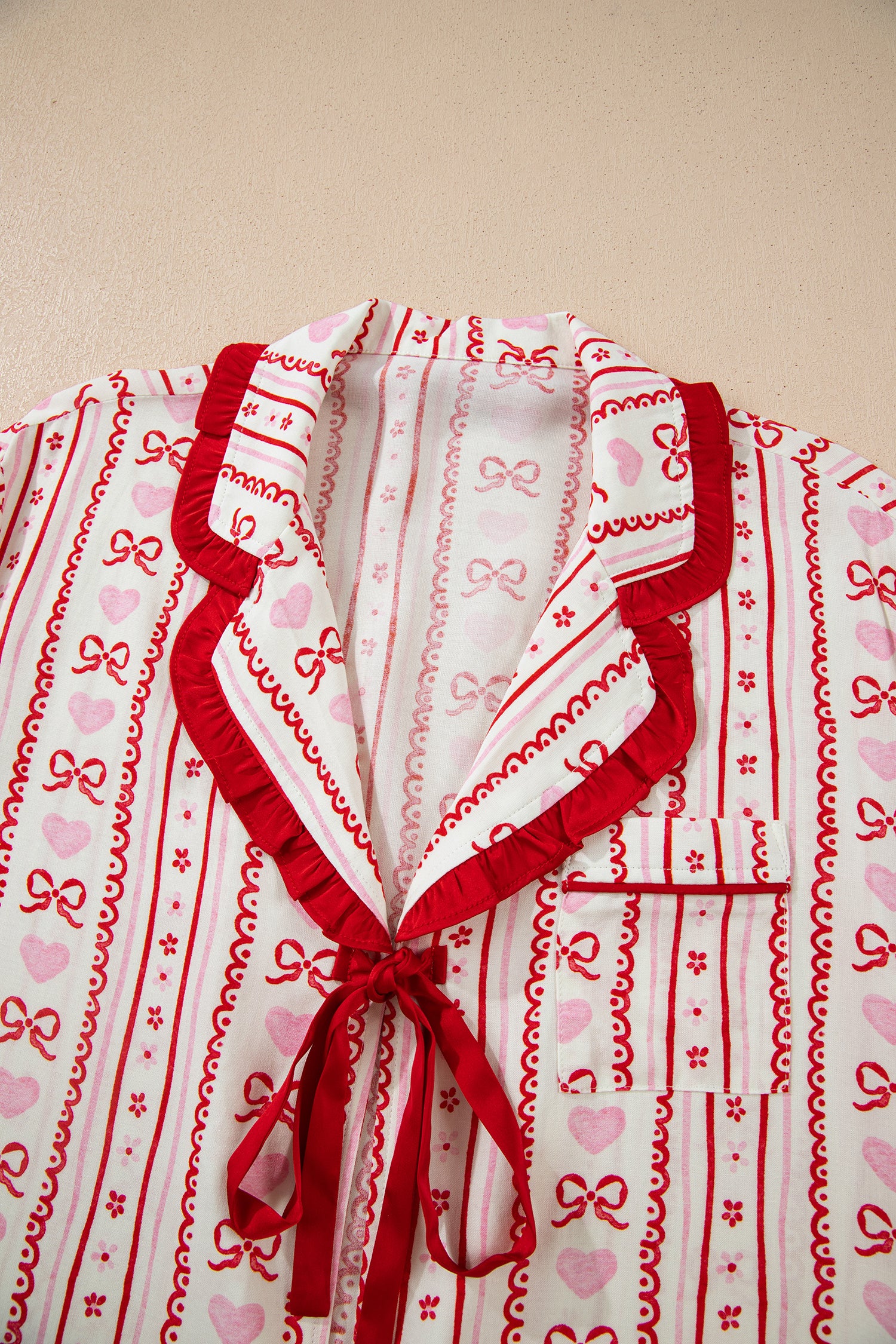 Red Sweet Floral Heart Bow Print Contrast Trim Long Sleeve Shirt Pajama Short Set-Loungewear & Sleepwear/Sleepwear-[Adult]-[Female]-2022 Online Blue Zone Planet