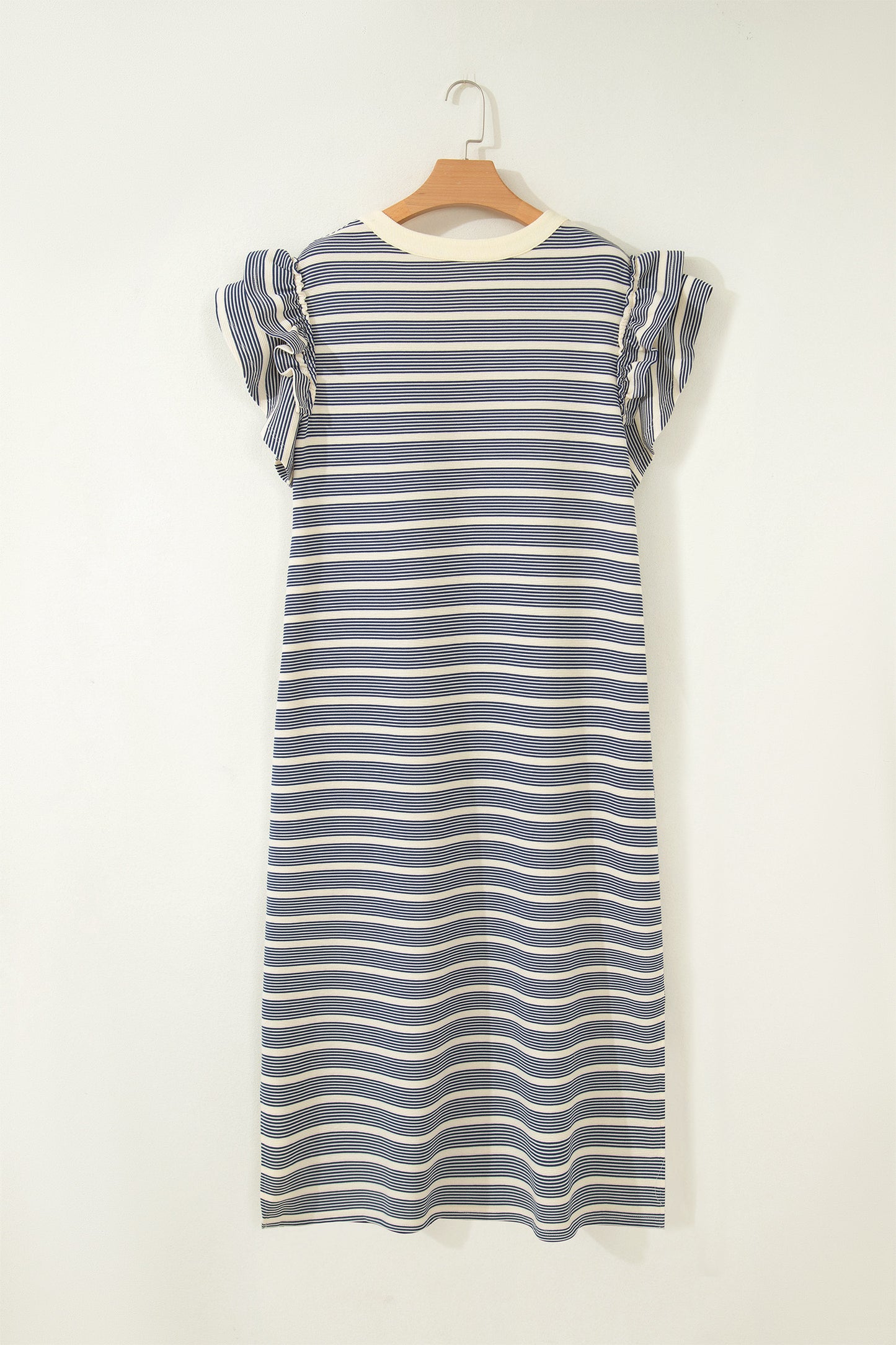 Blue Stripe Plus Size Contrast Trim Button V Neck Ruffle Sleeve Shift Dress-TOPS / DRESSES-[Adult]-[Female]-2022 Online Blue Zone Planet