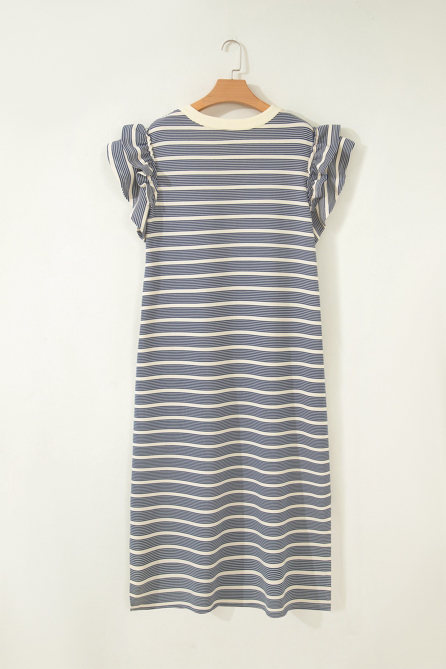 Blue Stripe Plus Size Contrast Trim Button V Neck Ruffle Sleeve Shift Dress-TOPS / DRESSES-[Adult]-[Female]-2022 Online Blue Zone Planet