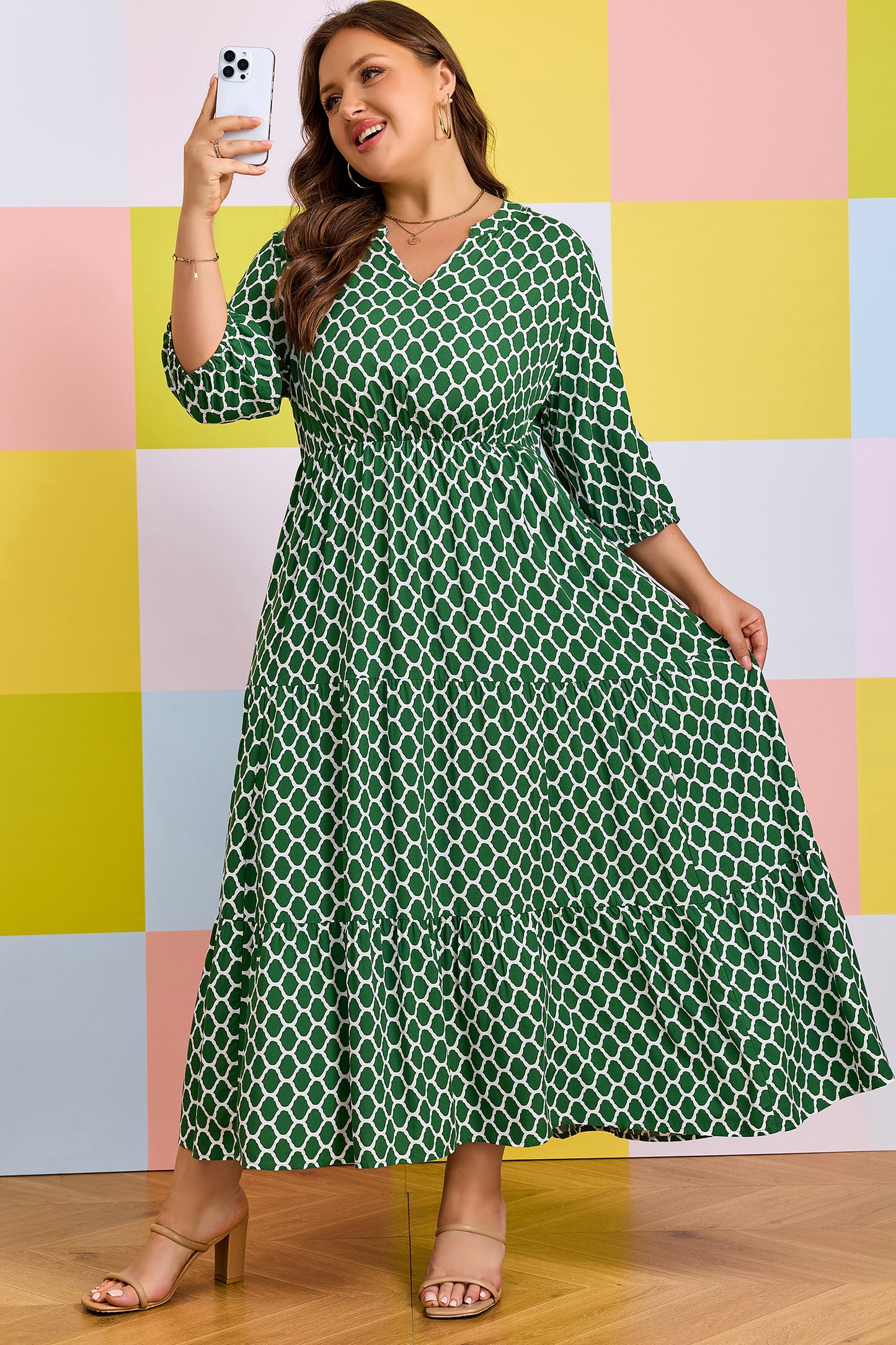 Green Plus Size Geometric Print Pocketed Ruffle Hem Casual Dress-Plus Size/Plus Size Dresses/Plus Size Maxi Dresses-[Adult]-[Female]-2022 Online Blue Zone Planet