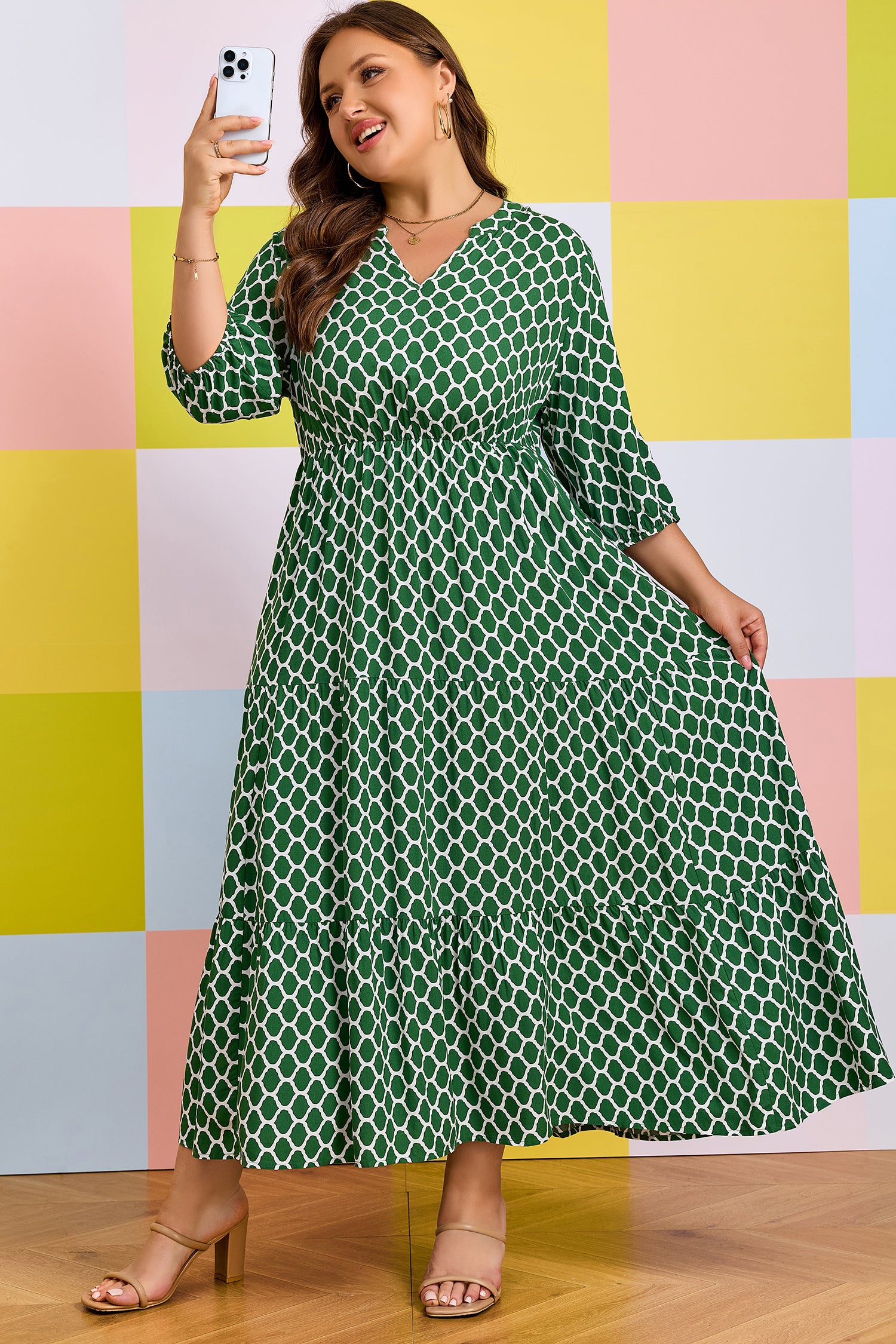 Green Plus Size Geometric Print Pocketed Ruffle Hem Casual Dress-Plus Size/Plus Size Dresses/Plus Size Maxi Dresses-[Adult]-[Female]-2022 Online Blue Zone Planet