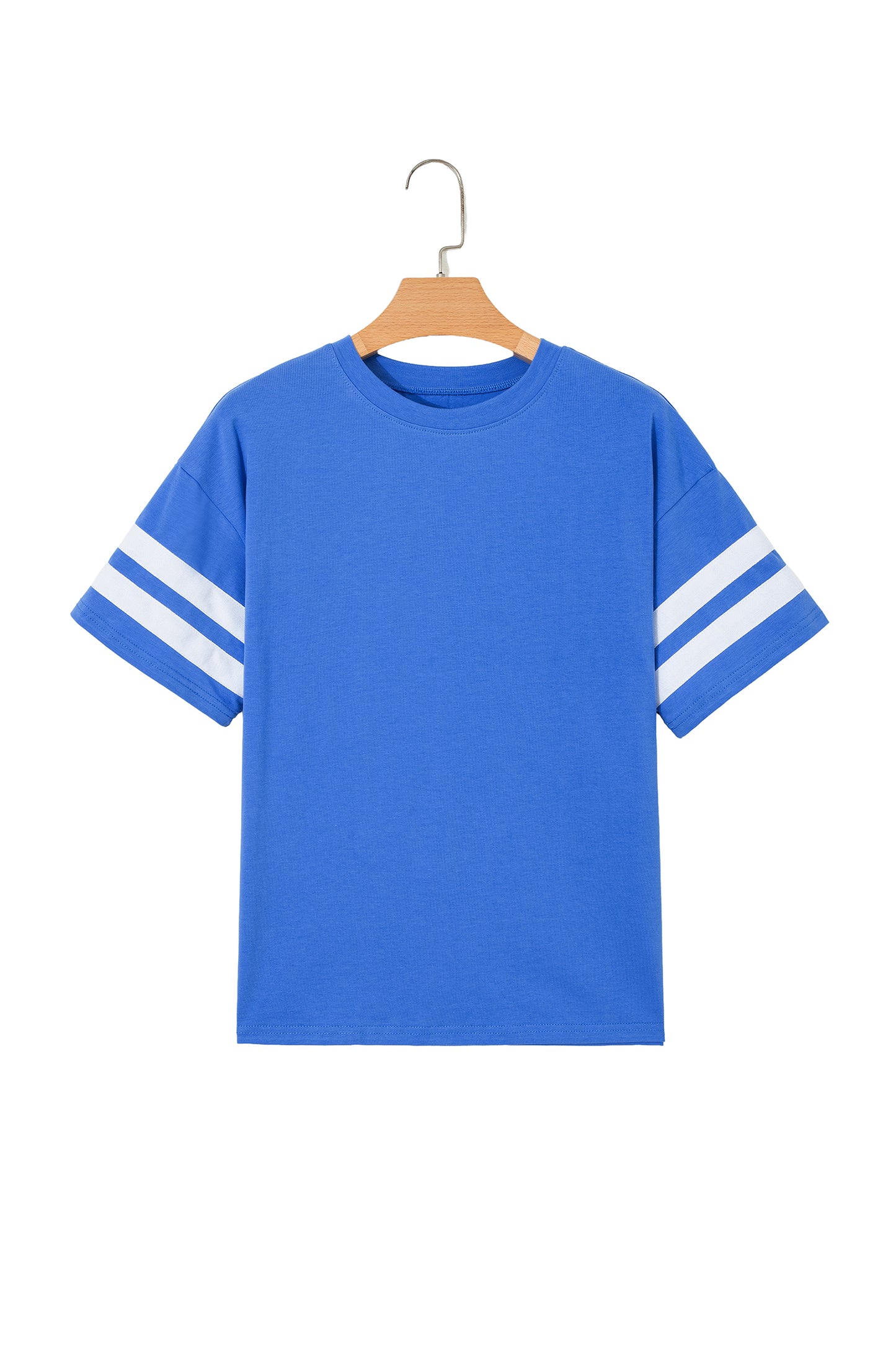 Dark Blue Varsity Striped Short Sleeve Crew Neck T Shirt-Tops/Tops & Tees-[Adult]-[Female]-2022 Online Blue Zone Planet