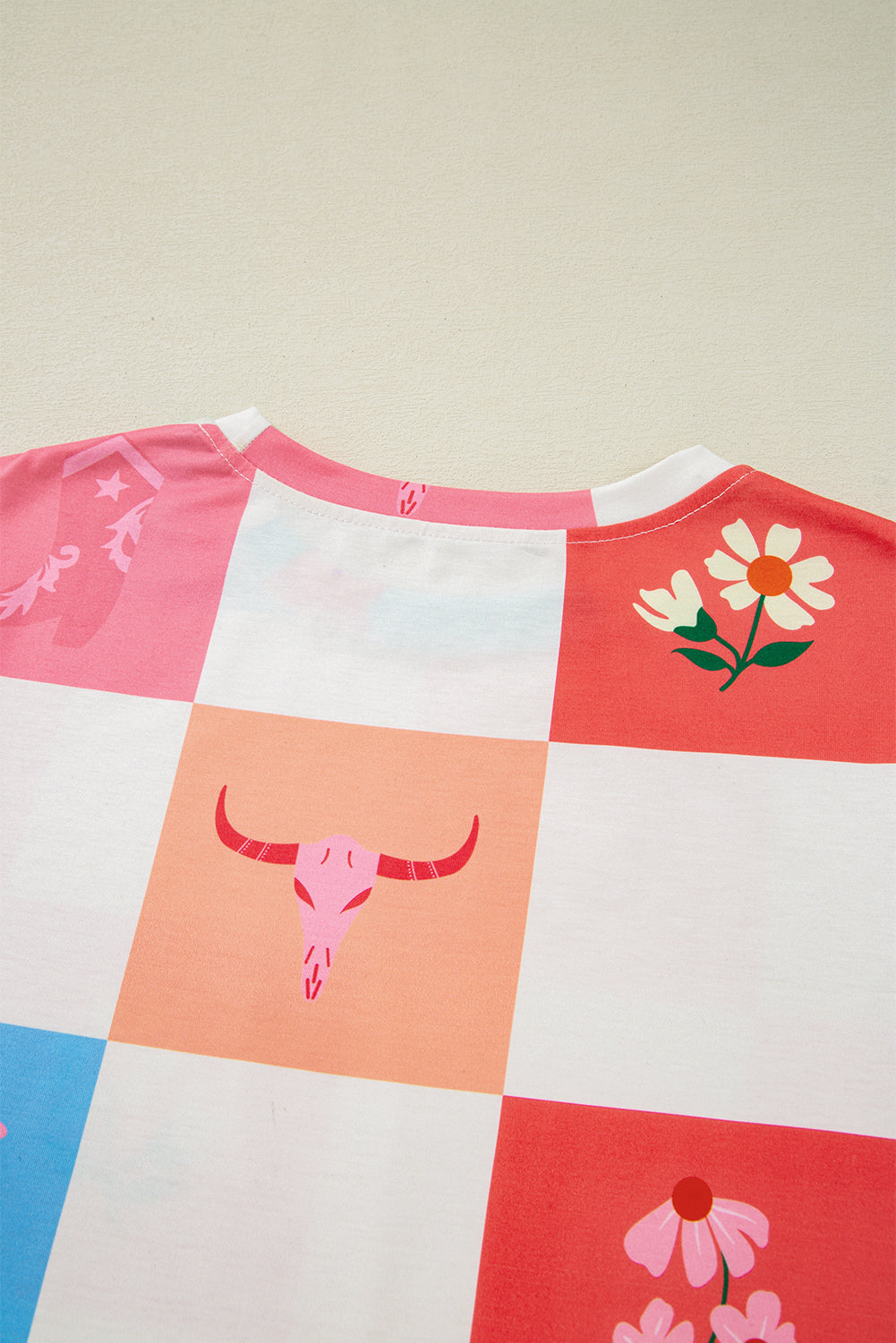 Orange Western Fashion Checker Print Crewneck T Shirt-Tops/Tops & Tees-[Adult]-[Female]-2022 Online Blue Zone Planet