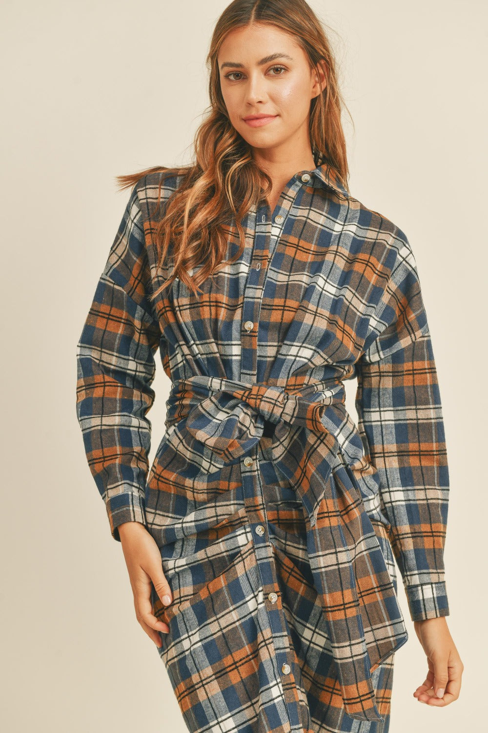 Mable Plaid Flannel Front Tie Button Down Shirt Dress Mable Plaid Flannel Front Tie Button Down Shirt Dress