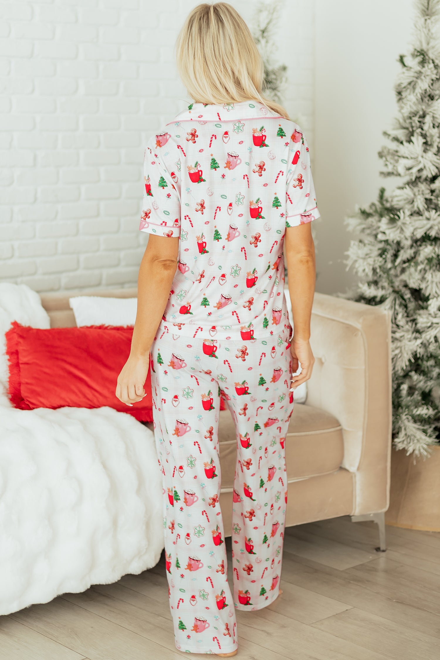 Pink Christmas Spirit Cute Holiday Print Short Sleeve Shirt and Pants 2pcs Pajama Set-Loungewear & Sleepwear/Sleepwear-[Adult]-[Female]-2022 Online Blue Zone Planet