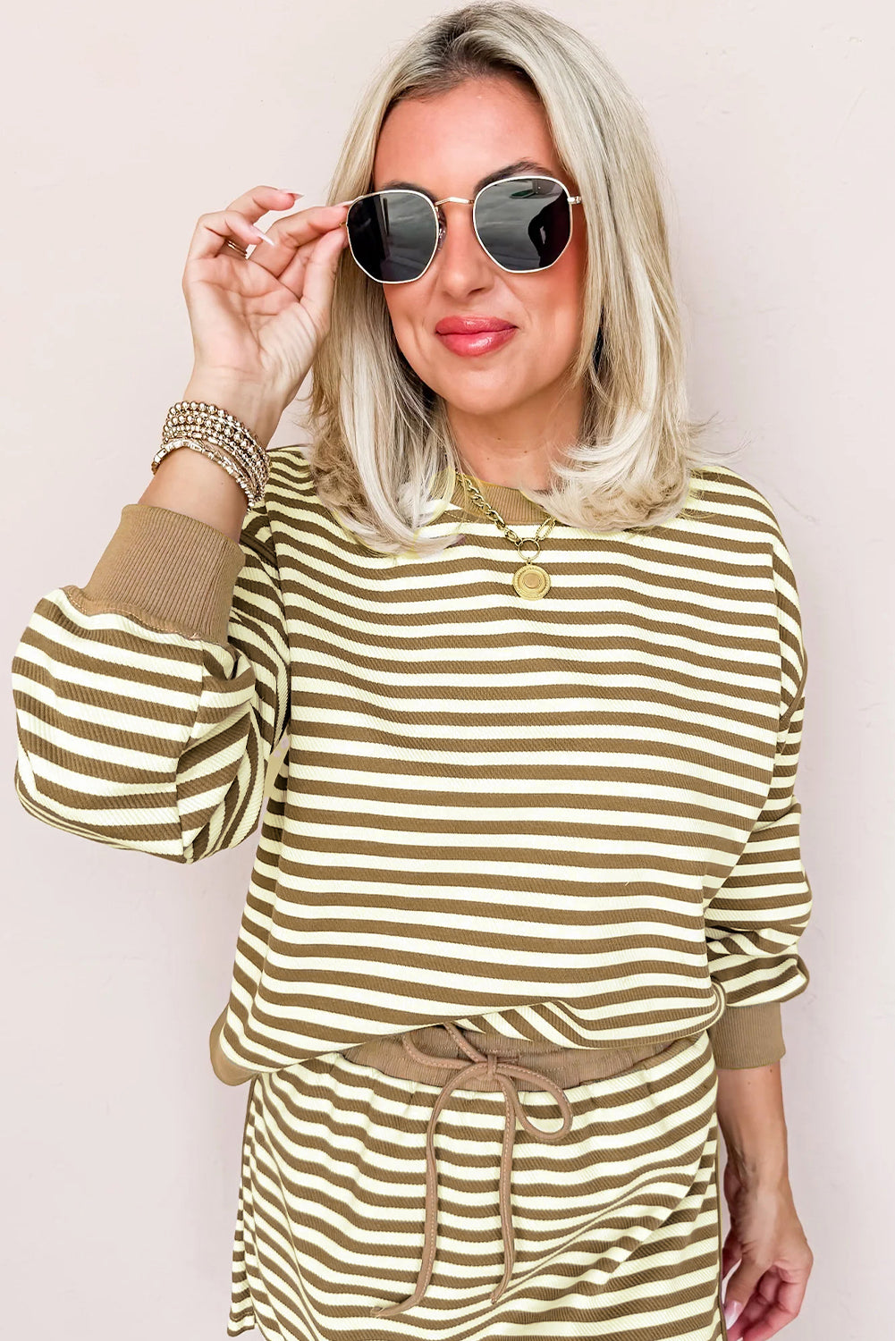 Brown Stripe Textured Drop Shoulder Pullover Top Drawstring Mini Skirt Two Piece Dress Set-Two Piece Sets/Two Piece Dresses-[Adult]-[Female]-2022 Online Blue Zone Planet