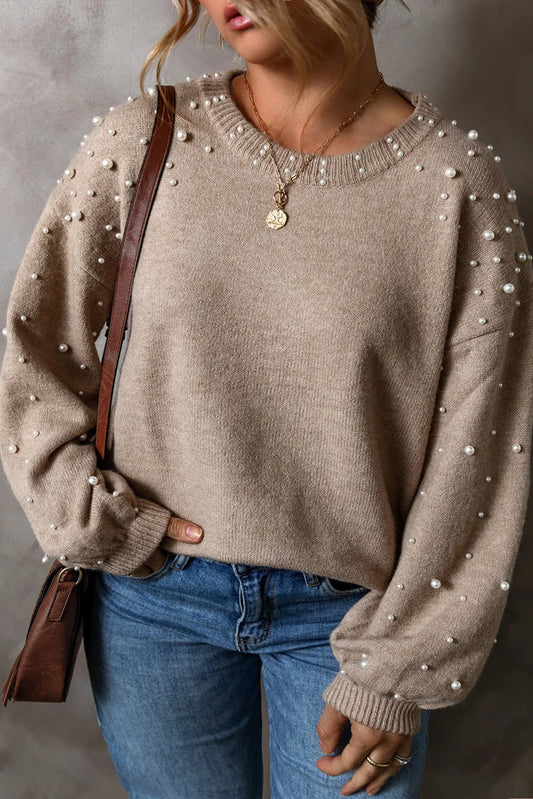 Plus Size Pearl Detail Round Neck Long Sleeve Sweater-TOPS / DRESSES-[Adult]-[Female]-Dust Storm-1XL-2022 Online Blue Zone Planet